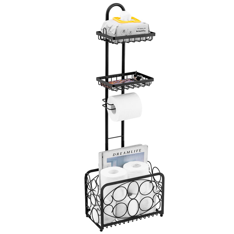 Freestanding Toilet Paper Holder with Storage Basket (Black)